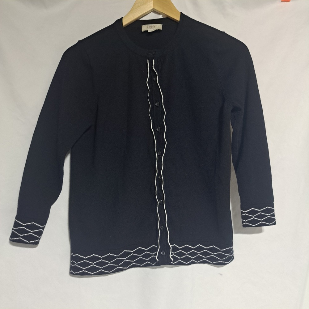 Loft Outlet Sz S Button Up Cardigan 3/4 Sleeve Black White‎ Contrast Stitch